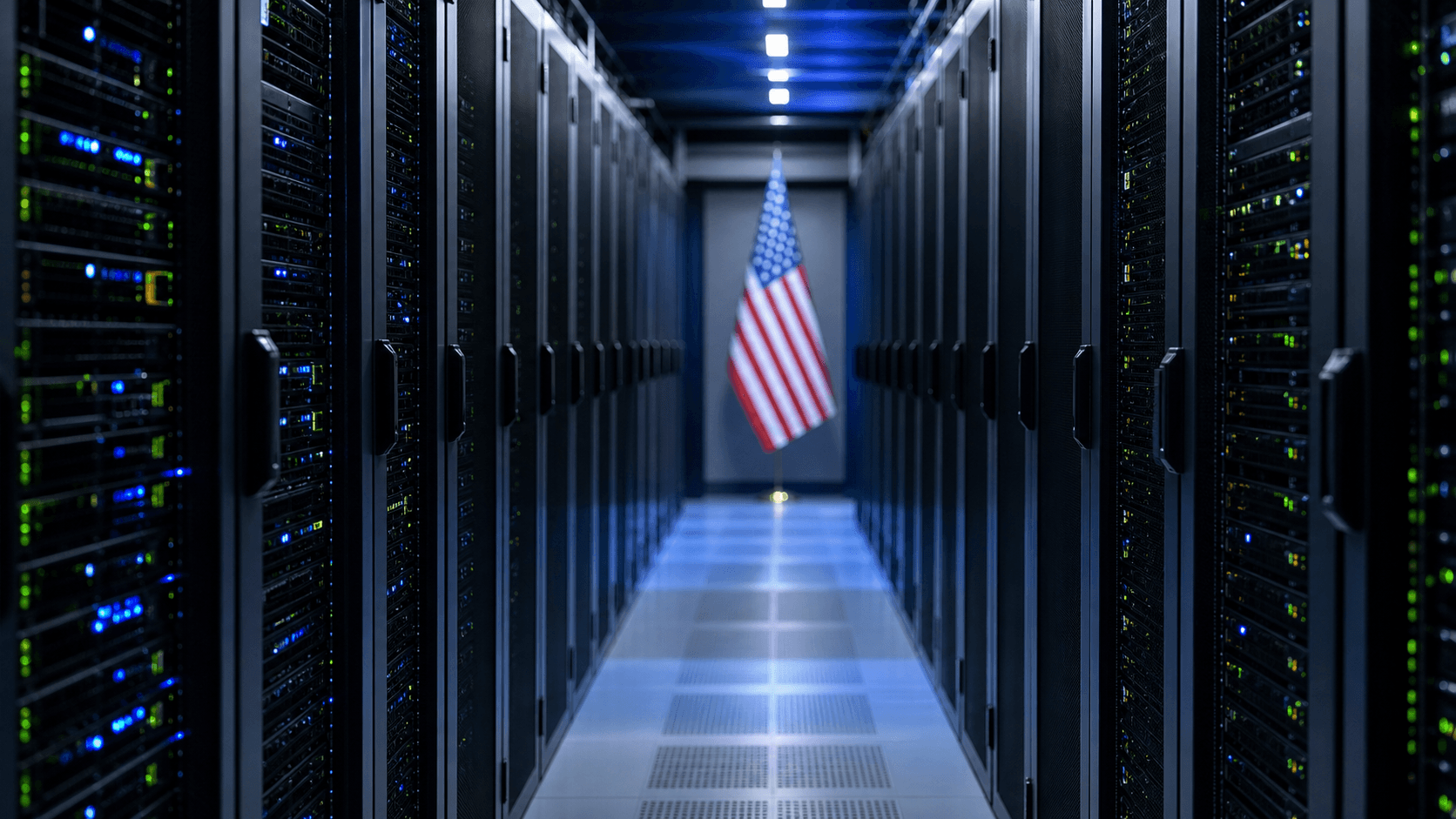 Corredor de data center com racks de servidores iluminados e a bandeira dos Estados Unidos ao fundo, representando a liberação do Claude Fable 5 pelo governo americano
