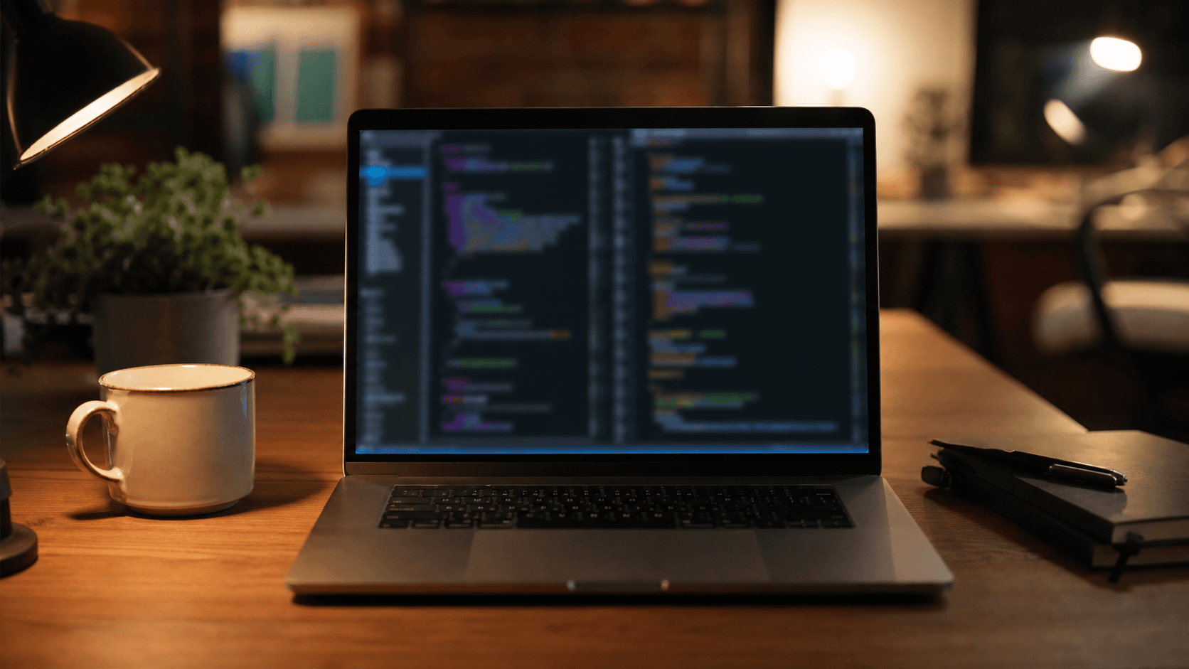 Laptop aberto numa mesa de desenvolvedor à noite com janela de terminal e código na tela, caneca de café ao lado — 30 dias de uso do Claude Code