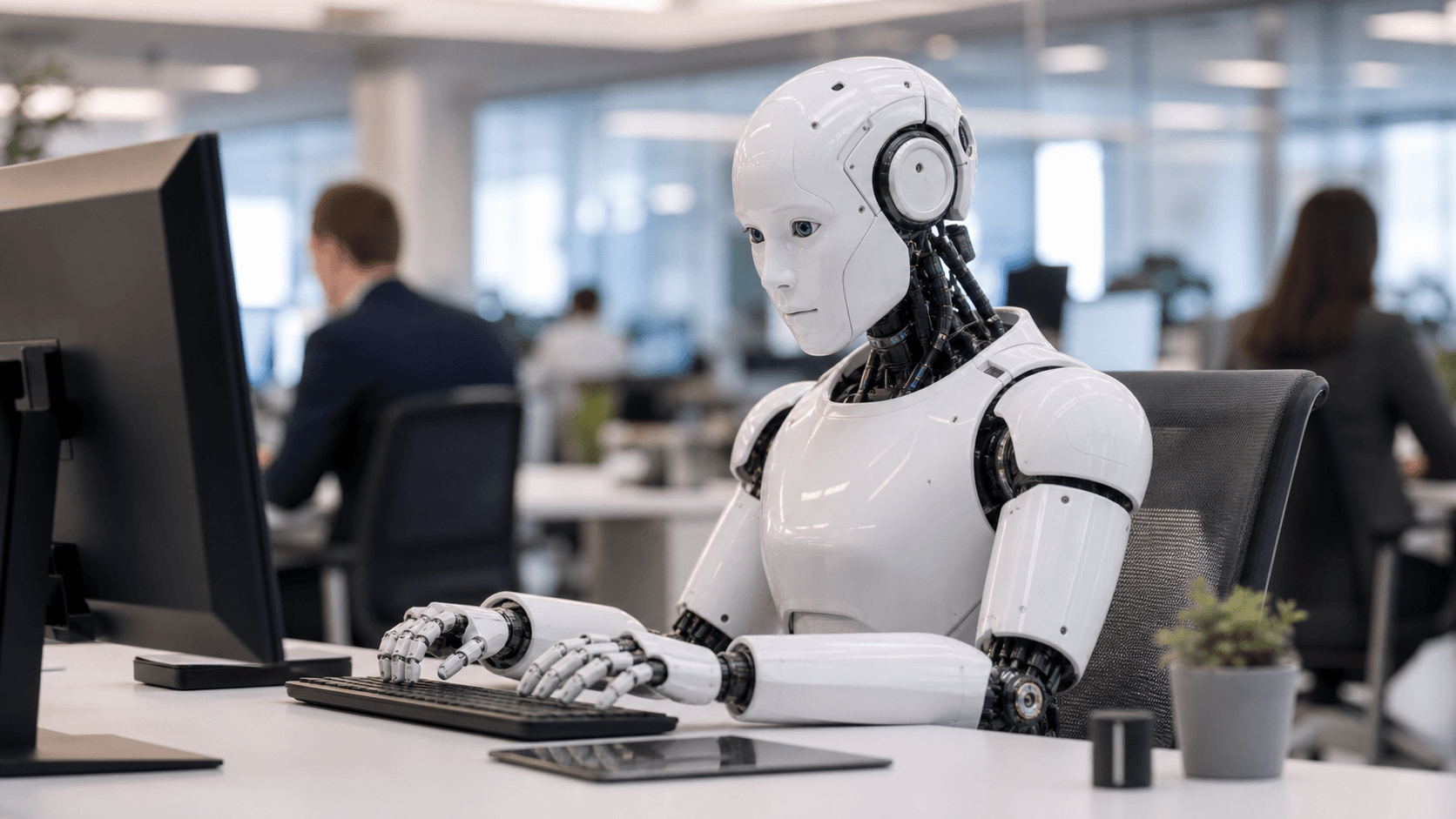 Robô humanoide branco trabalhando num computador em escritório moderno ao lado de funcionários humanos — inteligência artificial e o futuro do trabalho