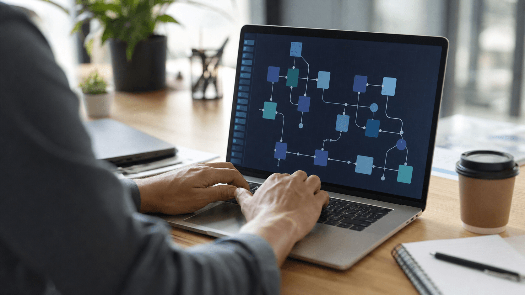Mãos digitando num laptop que mostra um fluxo de automação com nós conectados na tela — montando o primeiro agente de IA com n8n e Claude